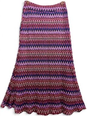 Jewel Tone Flame Stitch Openwork Knit Maxi Skirt 70s Boho